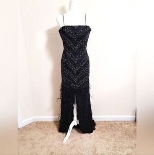 Vintage Studio 17 Silk Beaded & Feather Black Evening Prom Dress